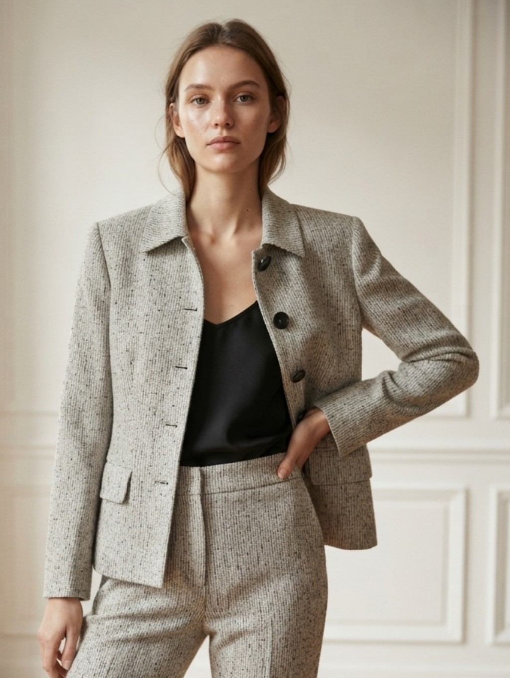 Jones Of New York Signature Neutral Tweed Button-Front Women's Blazer Pockets Lg